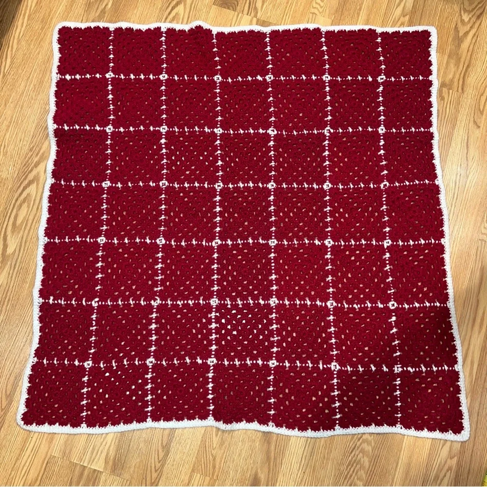 Crochet Red and White Granny Lap Blanket Throw Handmade 39” x‎ 41”